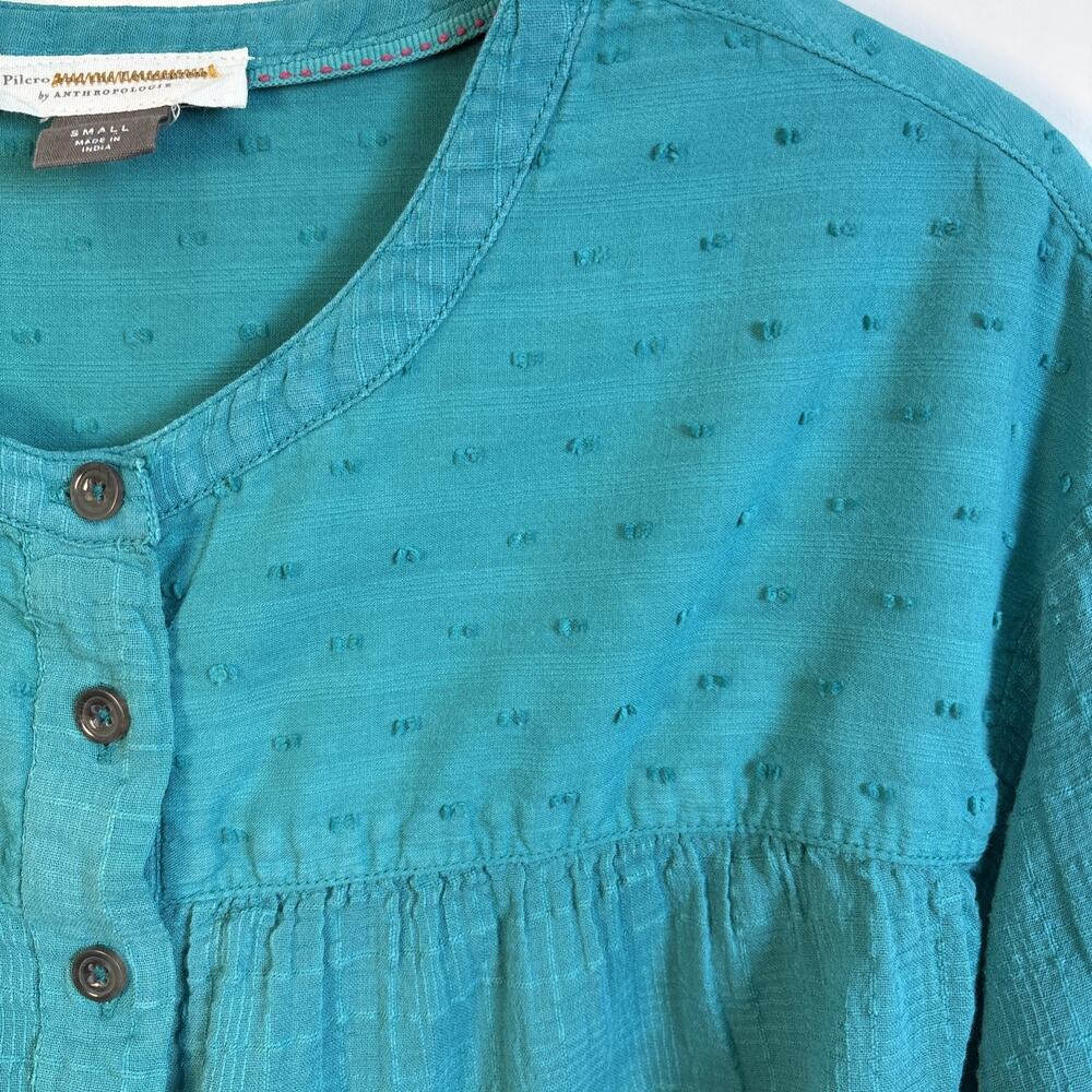 Pilcro Anthropologie Long Sleeve Button Up Blouse Sm Teal Swiss Dot Indie Boho - Picture 2 of 16